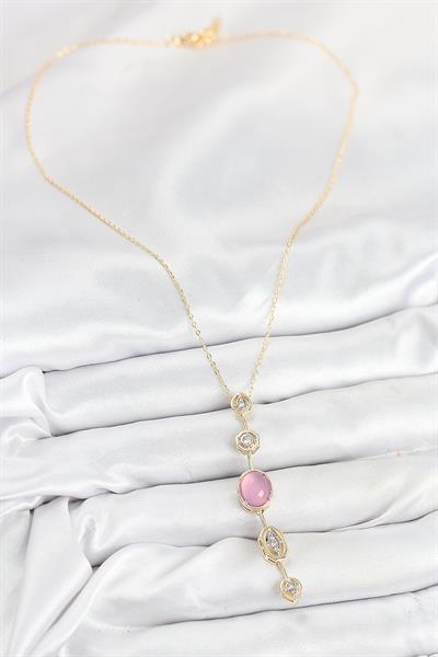 Pirinç Zincir Pembe Gold Renk Zirkon Taşlı Y Kolye – PRT3500EB08843