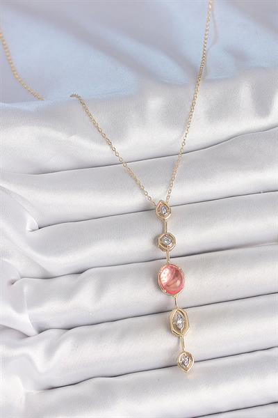 Pirinç Zincir Pembe Gold Renk Zirkon Taşlı Y Kolye – PRT3500EB06166