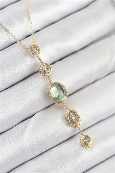 Pirinç Zincir Yeşil Gold Renk Zirkon Taşlı Y Kolye – PRT3500EB08846
