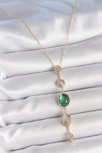 Pirinç Zincir Zümrüt Yeşil Gold Renk Zirkon Taşlı Y Kolye – PRT3500EB06164