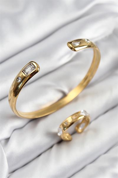 Pirinç Zirkon Taşlı Ayrık Model Gold Renk Bileklik Yüzük Set – PRT3500EB08016