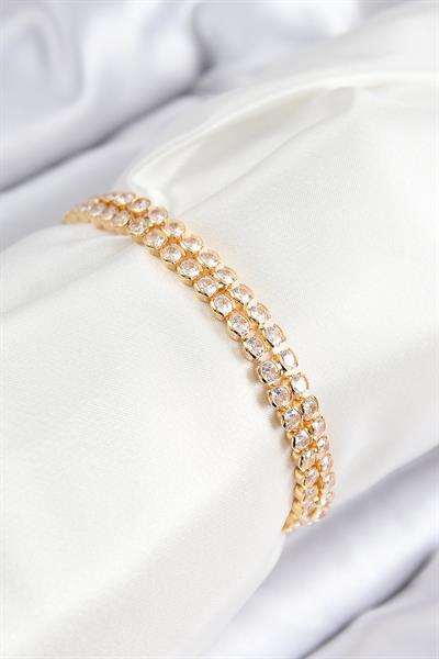 Pirinç Zirkon Taşlı Çift Sıra Model Gold Renk Asansörlü Kadın Bileklik – PRT3500EB08479