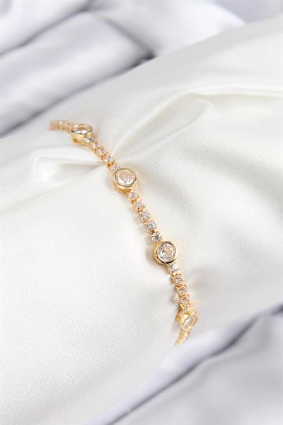 Pirinç Zirkon Taşlı Daire Model Gold Renk Asansörlü Kadın Bileklik – PRT3500EB08485