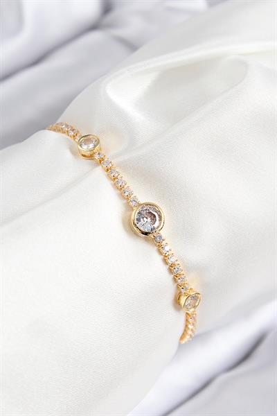 Pirinç Zirkon Taşlı Daire Model Gold Renk Asansörlü Kadın Bileklik – PRT3500EB08473