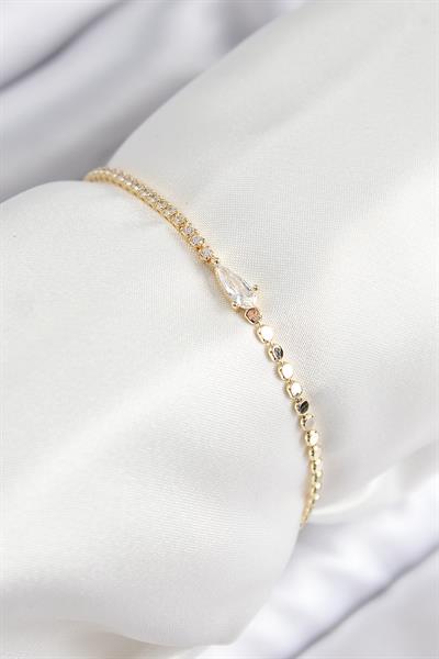 Pirinç Zirkon Taşlı Damla Model Ezme Zincir Gold Renk Kadın Bileklik – PRT3500EB08000