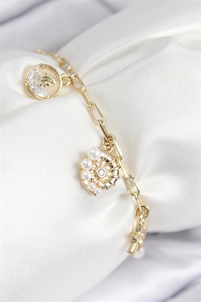 Pirinç Zirkon Taşlı Deniz Kabuğu Model Gold Renk Kadın Bileklik - PRT3500EB08556