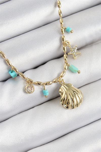 Pirinç Zirkon Taşlı Deniz Kabuğu Model Gold Renk Kadın Kolye – PRT3500EB07649