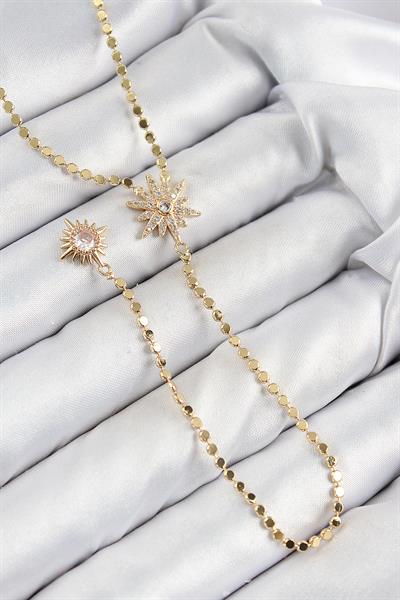 Pirinç Zirkon Taşlı Ezme Zincirli Kutup Yıldızı Model Gold Renk Y Kolye – PRT3500EB08348