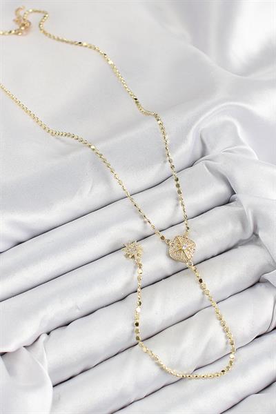Pirinç Zirkon Taşlı Ezme Zincirli Madalyon Model Gold Renk Y Kolye – PRT3500EB08350