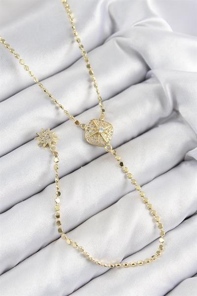 Pirinç Zirkon Taşlı Ezme Zincirli Madalyon Model Gold Renk Y Kolye – PRT3500EB08350