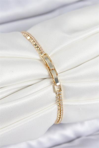 Pirinç Zirkon Taşlı Ezme Zincirli Sıralı Model Gold Renk Kadın Bilekilk - PRT3500EB08199