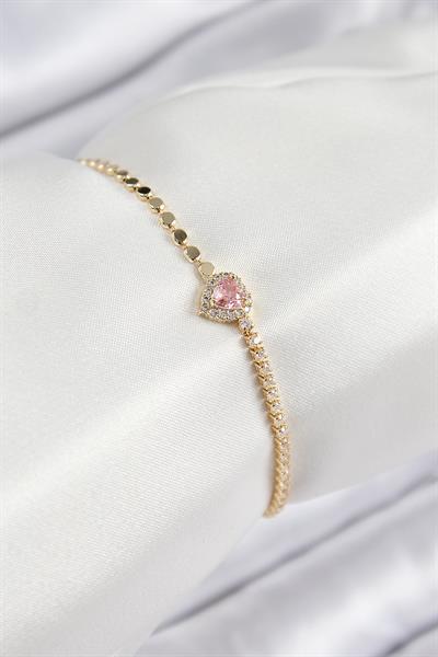 Pirinç Zirkon Taşlı Kalp Model Ezme Zincir Gold Renk Kadın Bileklik - PRT3500EB07996