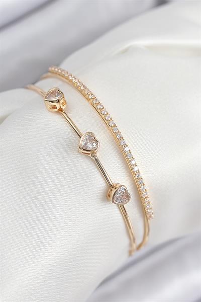 Pirinç Zirkon Taşlı Kalp Model Gold Renk Kadın Bileklik – PRT3500EB08789