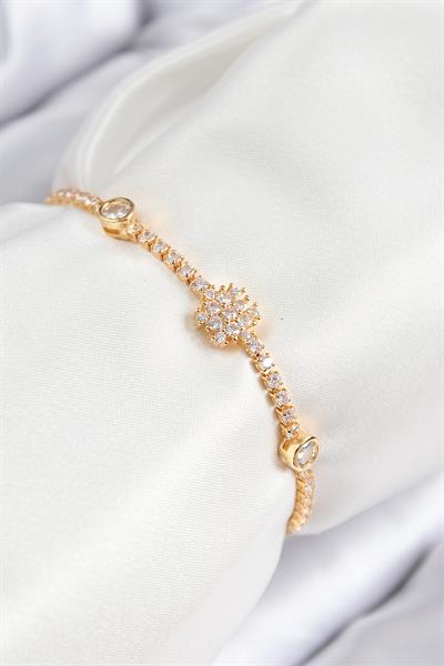 Pirinç Zirkon Taşlı Kar Tanesi Model Gold Renk Asansörlü Kadın Bileklik – PRT3500EB08463