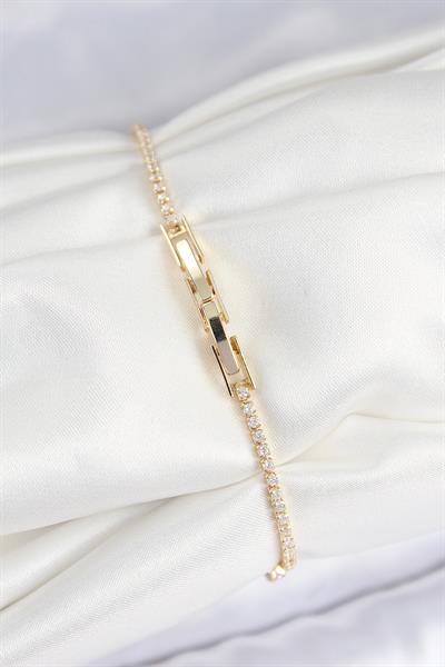 Pirinç Zirkon Taşlı Kare Model Gold Renk Kadın Bilekilk - PRT3500EB08205