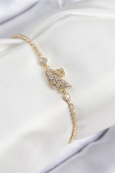 Pirinç Zirkon Taşlı Kuğu Model Gold Renk Kadın Bileklik – PRT3500EB08301