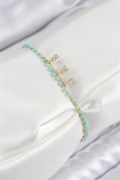 Pirinç Zirkon Taşlı Mavi Boncuklu Model Gold Renk Kadın Bileklik – PRT3500EB08010