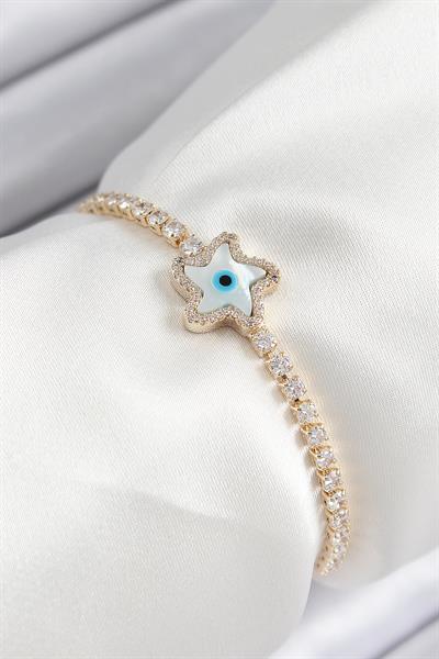 Pirinç Zirkon Taşlı Nazar Yıldız Model Gold Renk Asansörlü Kadın Bileklik – PRT3500EB07763