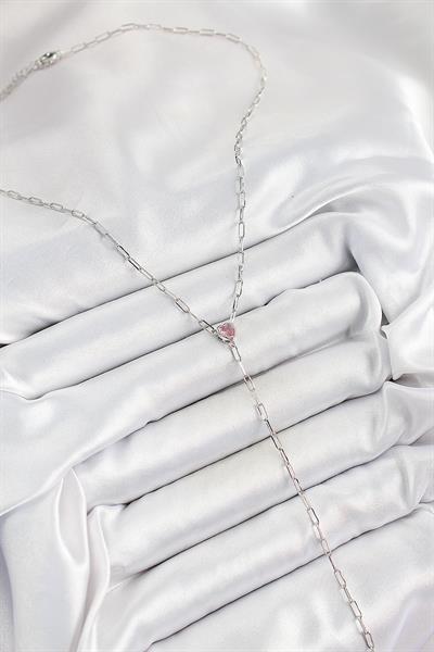Pirinç Zirkon Taşlı Pembe Kalp Figürlü Y Model Gümüş Renk Kadın Kolye - PRT3500EB06968