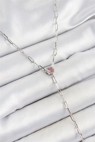 Pirinç Zirkon Taşlı Pembe Kalp Figürlü Y Model Gümüş Renk Kadın Kolye - PRT3500EB06968
