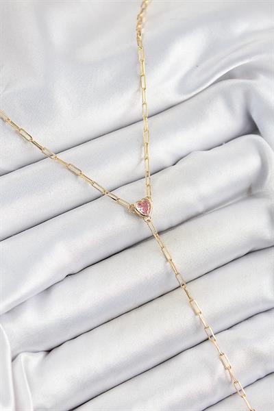 Pirinç Zirkon Taşlı Pembe Kalp Figürlü Y Model Gold Renk Kadın Kolye - PRT3500EB06969