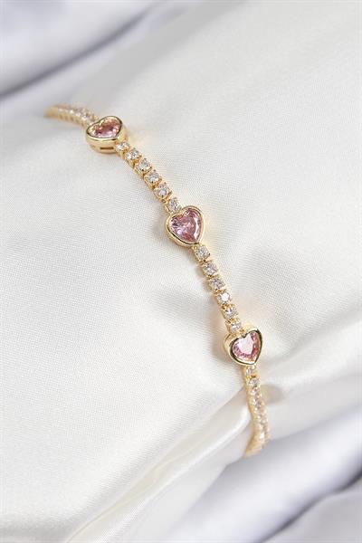 Pirinç Zirkon Taşlı Pembe Kalp Model Gold Renk Kadın Bileklik – PRT3500EB08297