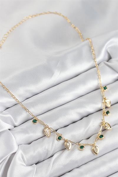 Pirinç Zirkon Taşlı Sallantılı Damla Model Gold Renk Kadın Kolye – PRT3500EB08641
