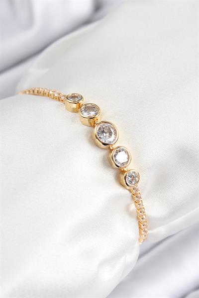 Pirinç Zirkon Taşlı Sıralı Daire Model Gold Renk Asansörlü Kadın Bileklik – PRT3500EB08459