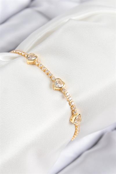 Pirinç Zirkon Taşlı Sıralı Kalp Model Gold Renk Kadın Bileklik – PRT3500EB08469