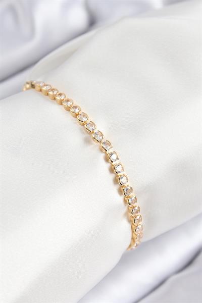 Pirinç Zirkon Taşlı Sıralı Model Gold Renk Asansörlü Kadın Bileklik – PRT3500EB08467