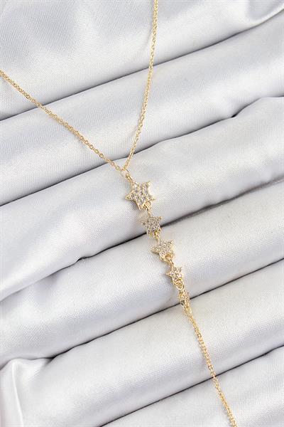 Pirinç Zirkon Taşlı Sıralı Yıldız Figürlü Y Model Gold Renk Kadın Kolye – PRT3500EB06963