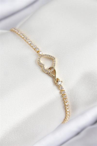 Pirinç Zirkon Taşlı Sonsuzluk Kalp Model Gold Renk Kadın Bileklik – PRT3500EB08303