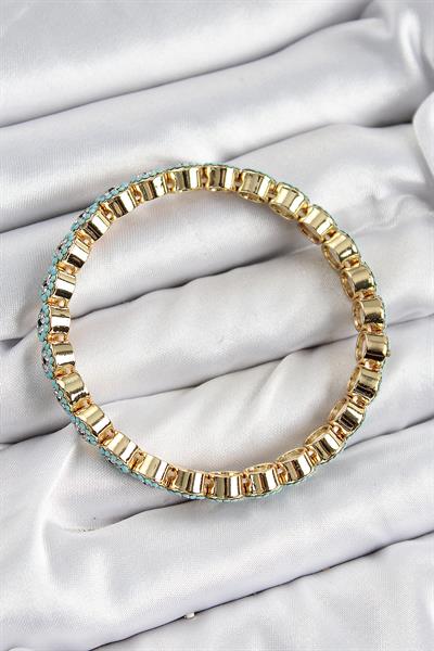 Pirinç Zirkon Taşlı Turkuaz Nazar Model Gold Renk Lastikli Kadın Bileklik – PRT3500EB07848
