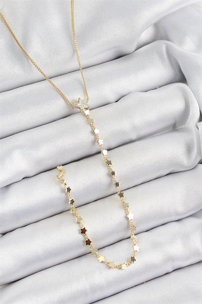 Pirinç Zirkon Taşlı Yıldız Figürlü Y Model Gold Renk Kadın Kolye - PRT3500EB06959