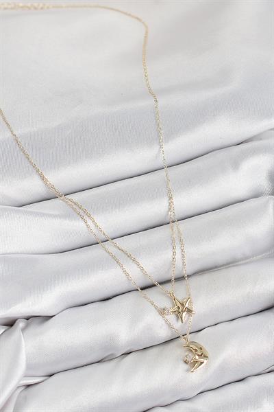 Pirinç Zirkon Taşlı Yıldız Ve Ay Model Gold Renk Kadın Kolye – PRT3500EB08156