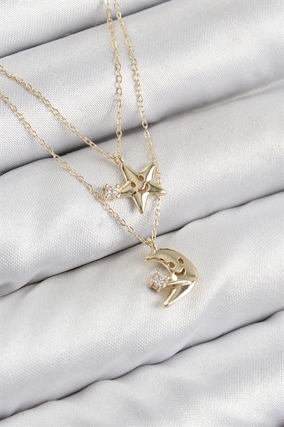 Pirinç Zirkon Taşlı Yıldız Ve Ay Model Gold Renk Kadın Kolye – PRT3500EB08156