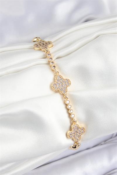 Pirinç Zirkon Taşlı Yonca Model Gold Renk Kadın Bileklik – PRT3500EB07913