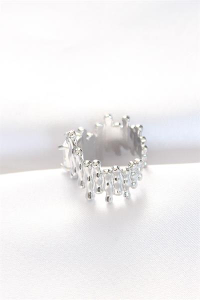 Silver Renk Tırtıklı Kalın Baget Taş Tasarım Ayarlanabilir Yüzük - PRT3500EB01308