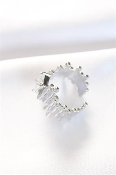 Silver Renk Tırtıklı Kalın Baget Taş Tasarım Ayarlanabilir Yüzük - PRT3500EB01308