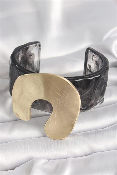 Siyah Mermer Desen Akrilik Plastik Gold Nal Model Plaka Vintage Kadın Bilezik – PRT3500EB03696