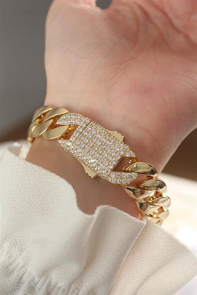 Vip Seri Pirinç Ortası Zirkon Taşlı Gold Renk Gurmet Bileklik - PRT3500EB06864