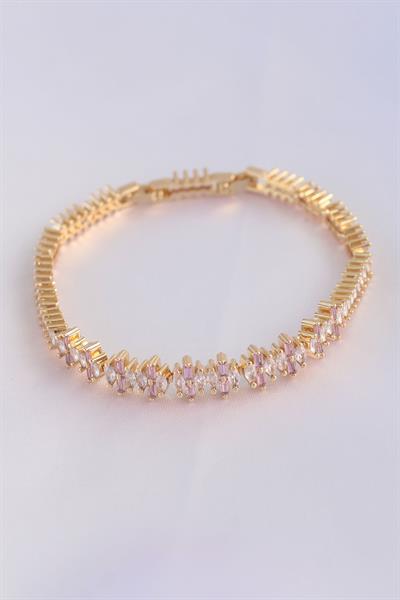 Vip Seri Pirinç Pembe Zirkon Taşlı Gold Renk Baget Model Bileklik - PRT3500EB01568