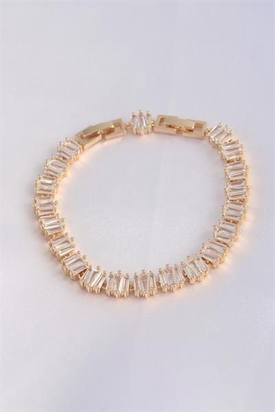 Vip Seri Pirinç Zirkon Taşlı Gold Renk Kare Su Yolu Model Bileklik - PRT3500EB01569