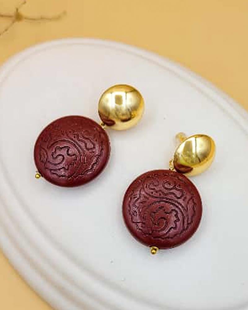 Gold Uçlu Ahşap Disk Küpe-2