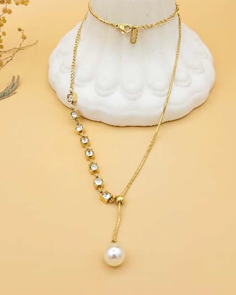 İncili Taşlı Çelik Gold Y Kolye