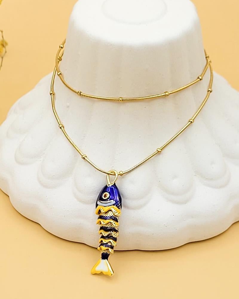 Lacivert Gold Balık Şans Kolye