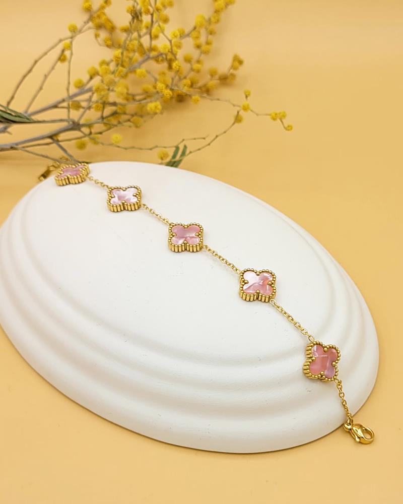 Pembe Hologram Taşlı Gold Yonca Bileklik