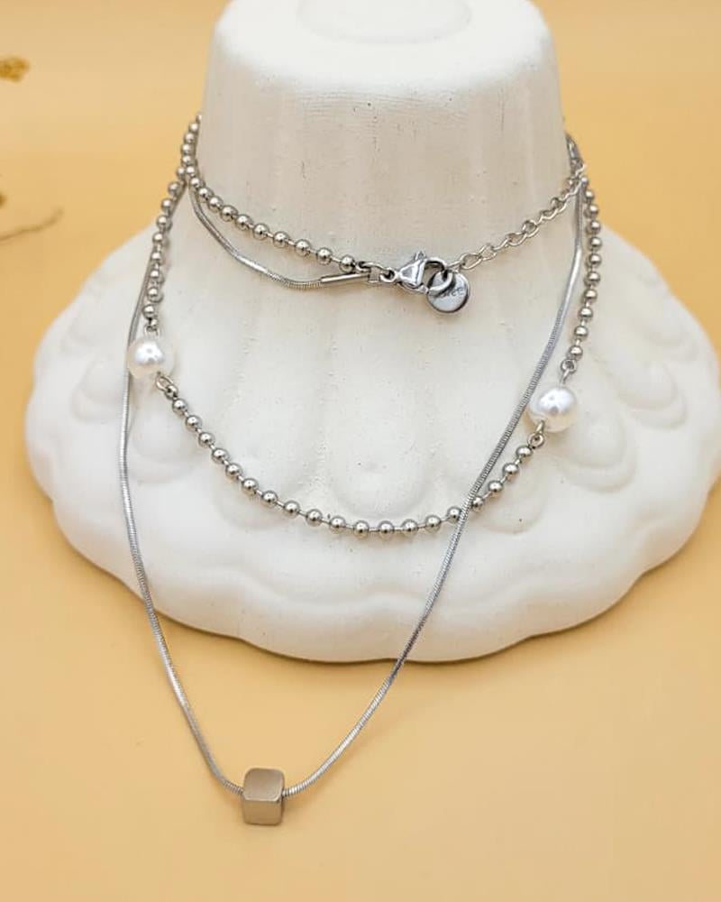 Sphere Çift Zincirli Silver Çelik İncili Kolye