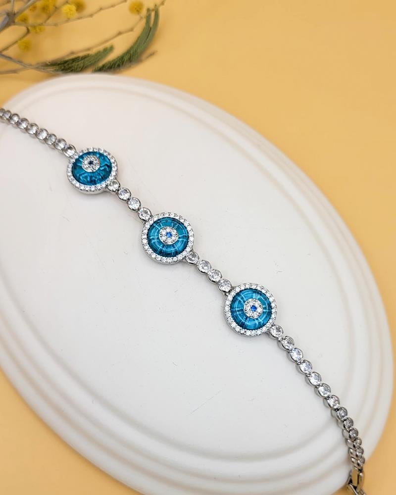 Üç Nazarlı Zirkon Taşlı Suyolu Silver Bileklik
