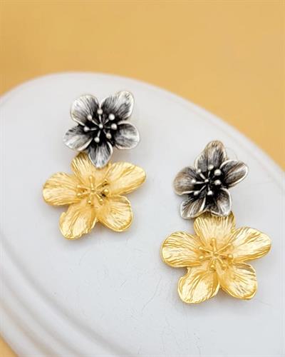 Aveline İkili Gold Siver Çiçek Küpe